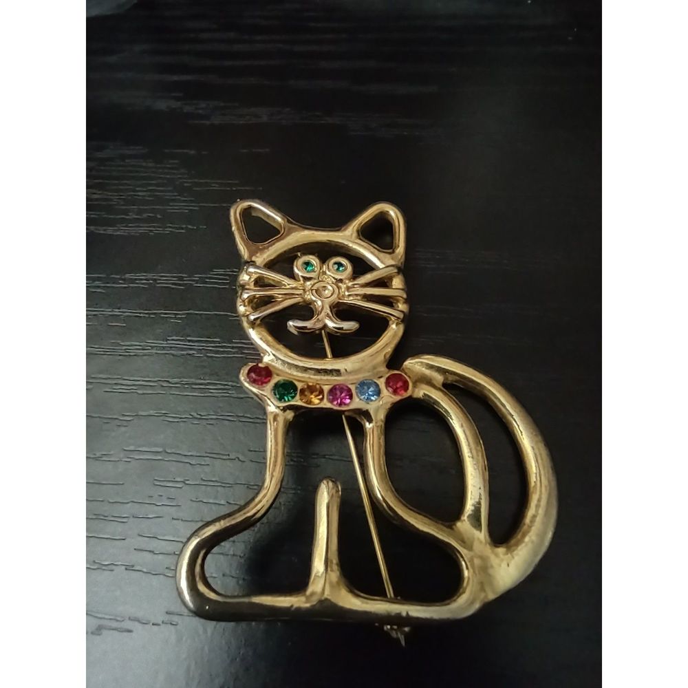 Large Quirky Cat Pin with Crystal Rhinestone Accents